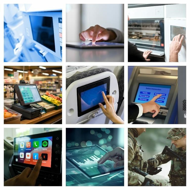 collage of resistive and capacitive touch screens representing various industries
