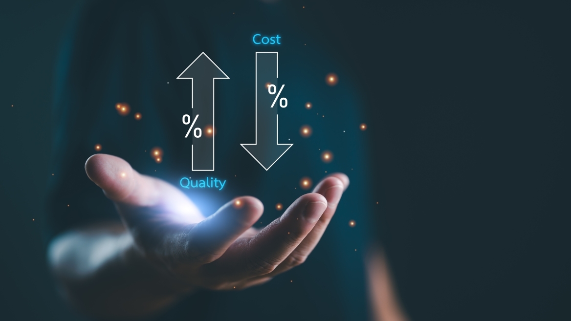 showing cost with down arrow and quality with up arrow for business strategy to lower costs and improve product quality