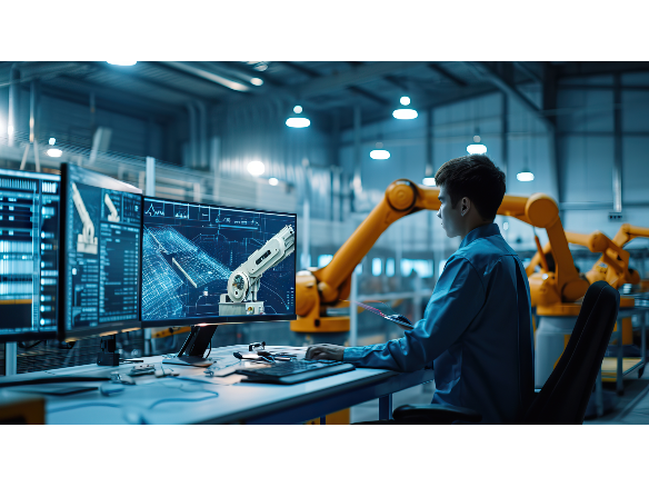 engineer operating a robot arm using a computer keyboard